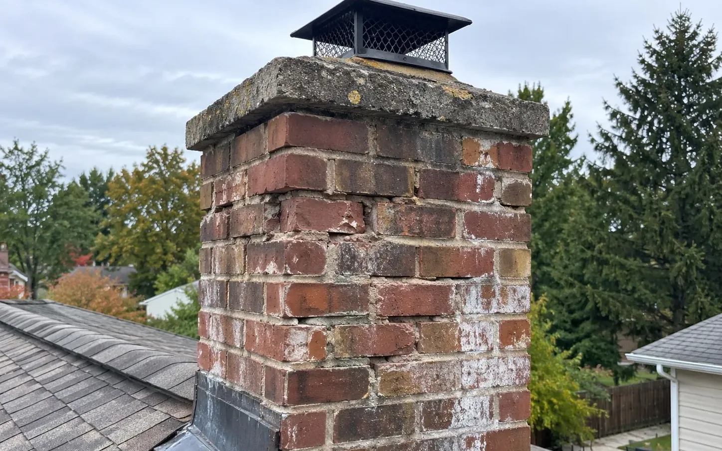 Weathered brick chimney on a shingle roof with white efflorescence on the brick, a worn concrete crown and a mesh cap, chimney repair