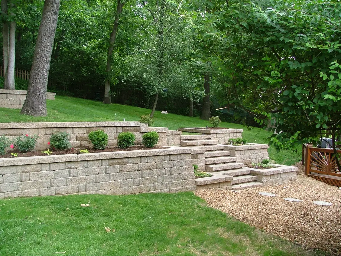 Terraced segmental block retaining walls with built-in steps in a sloped green yard, retaining walls